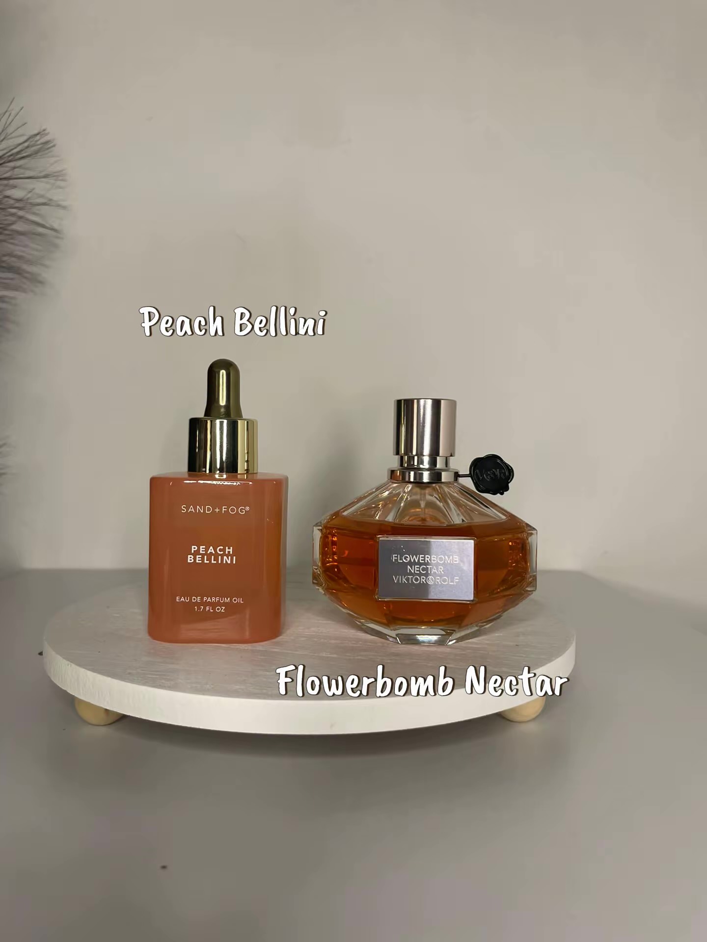 Sand + Fog Peach Bellini layered with Viktor & Rolf Flowerbomb Nectar